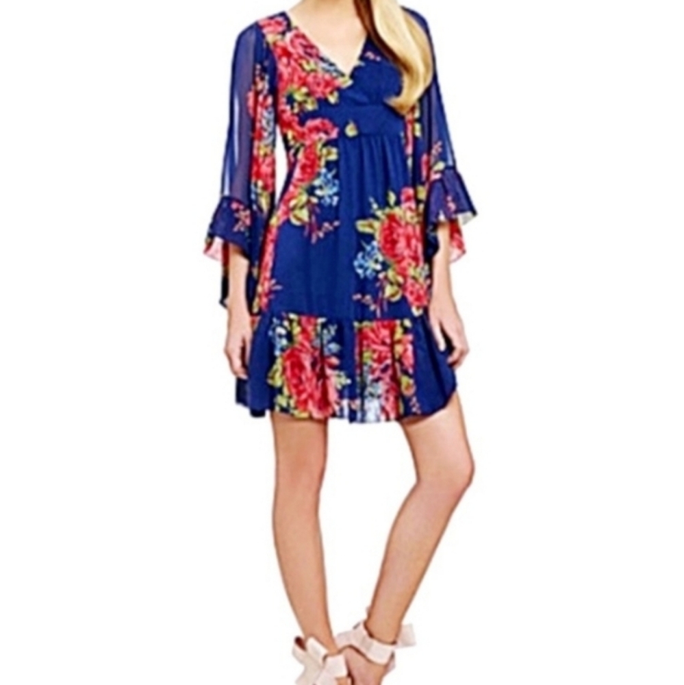 Betsey Johnson Womens Blue Flower Flowy Flutter Sleeve MiniDress With Tie Size 6